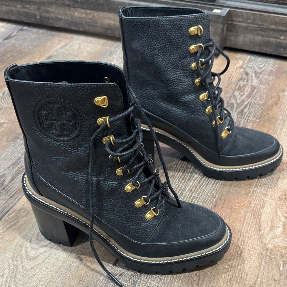 Tory Burch Black Lace-Up Leather Boots with Gold Accents